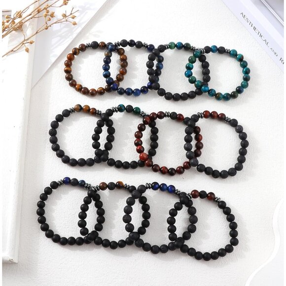 12Pcs Natural Stone Lava Rock Beaded Bracelets for Men and Women, 8mm, Stretchy, - Picture 7 of 7
